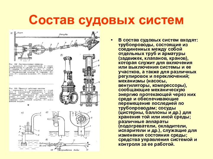 Состав судовых систем В состав судовых систем входят: трубопроводы, состоящие