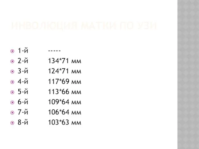 ИНВОЛЮЦИЯ МАТКИ ПО УЗИ 1-й ----- 2-й 134*71 мм 3-й