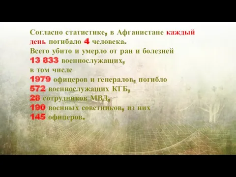 Согласно статистике, в Афганистане каждый день погибало 4 человека. Всего