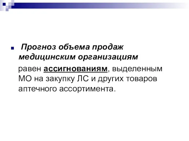 Прогноз объема продаж медицинским организациям равен ассигнованиям, выделенным МО на