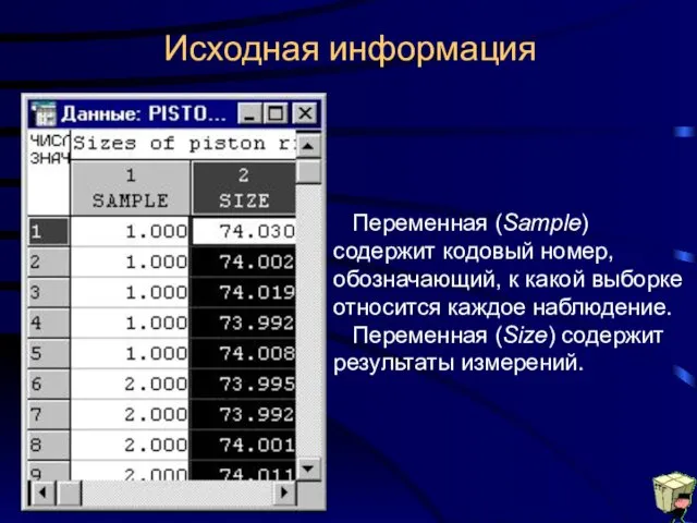 Исходная информация Переменная (Sample) содержит кодовый номер, обозначающий, к какой