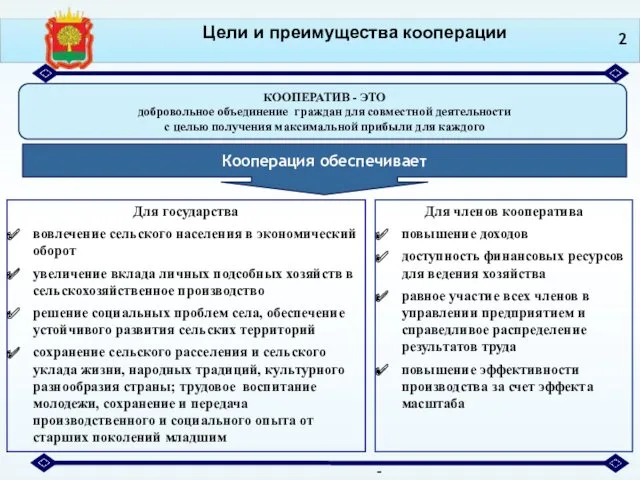 Цели и преимущества кооперации Для государства вовлечение сельского населения в