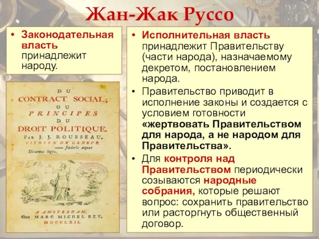 Жан-Жак Руссо Исполнительная власть принадлежит Правительству (части народа), назначаемому декретом,