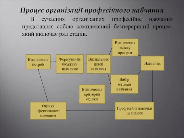 Процес організації професійного навчання В сучасних організаціях професійне навчання представляє