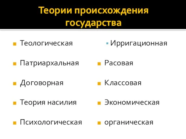 Теории происхождения государства Теологическая Патриархальная Договорная Теория насилия Психологическая Ирригационная Расовая Классовая Экономическая органическая