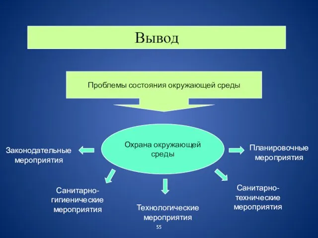 Вывод Проблемы состояния окружающей среды Законодательные мероприятия Планировочные мероприятия Технологические