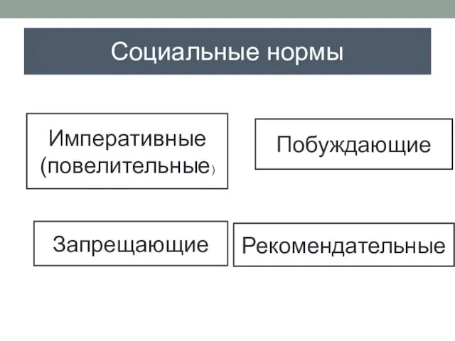 Социальные нормы Побуждающие Запрещающие Императивные (повелительные) Рекомендательные