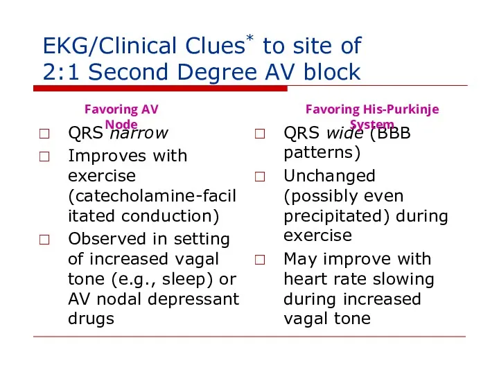 EKG/Clinical Clues* to site of 2:1 Second Degree AV block