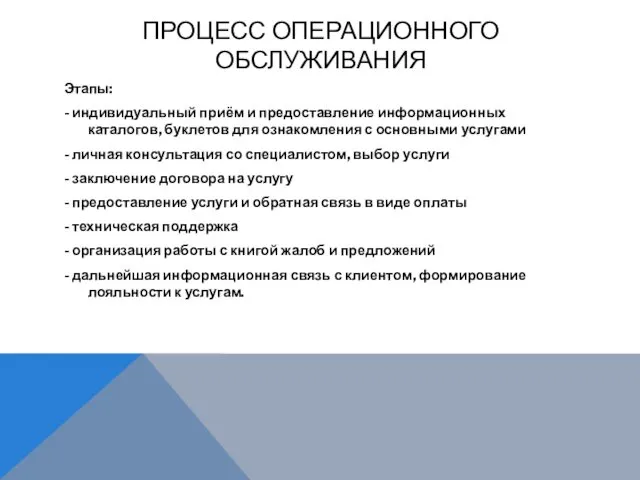 ПРОЦЕСС ОПЕРАЦИОННОГО ОБСЛУЖИВАНИЯ Этапы: - индивидуальный приём и предоставление информационных