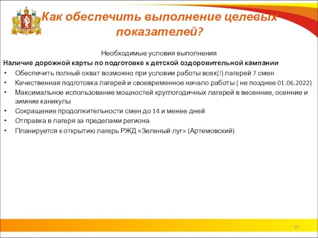 Как обеспечить выполнение целевых показателей? Необходимые условия выполнения Наличие дорожной