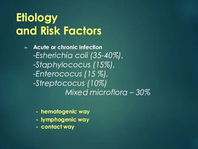 Etiology and Risk Factors Acute or chronic infection -Esherichia coli