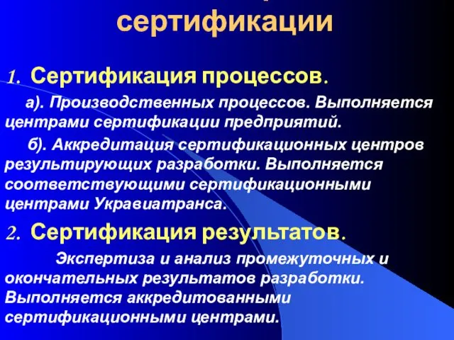 Основные направления сертификации 1. Сертификация процессов. а). Производственных процессов. Выполняется