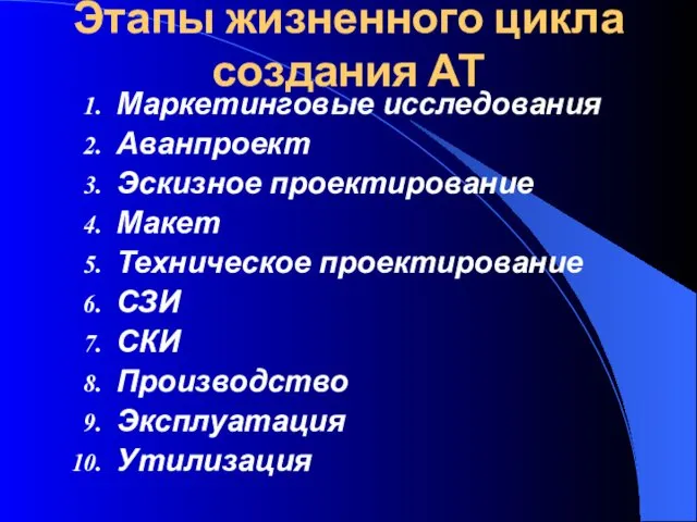 Этапы жизненного цикла создания АТ Маркетинговые исследования Аванпроект Эскизное проектирование