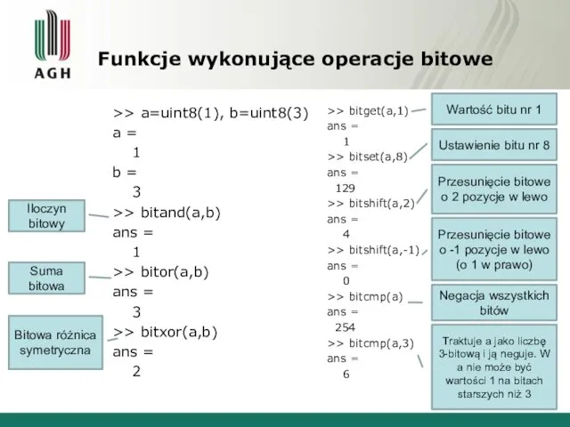 Funkcje wykonujące operacje bitowe >> a=uint8(1), b=uint8(3) a = 1