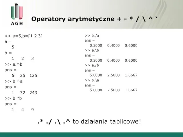 Operatory arytmetyczne + - * / \ ^ ‘ >>