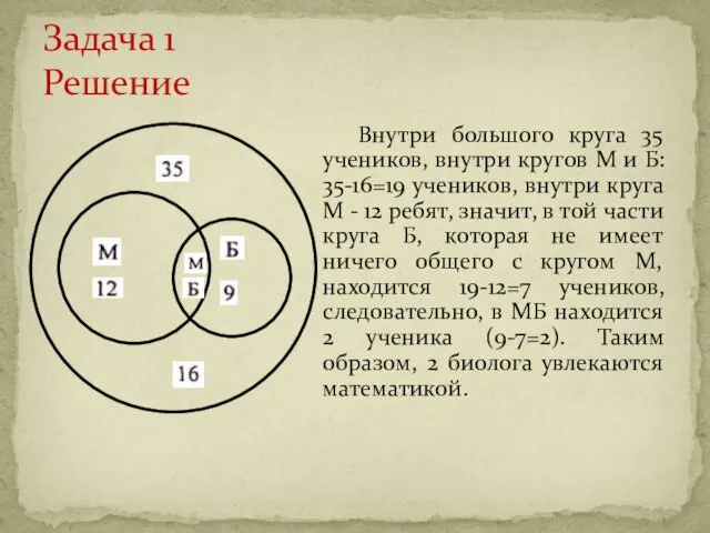 Внутри большого круга 35 учеников, внутри кругов М и Б: