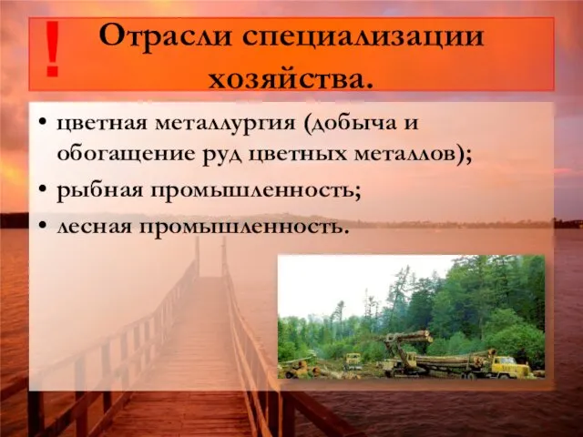 Отрасли специализации хозяйства. цветная металлургия (добыча и обогащение руд цветных металлов); рыбная промышленность; лесная промышленность. !