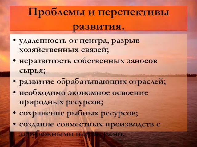 Проблемы и перспективы развития. удаленность от центра, разрыв хозяйственных связей;