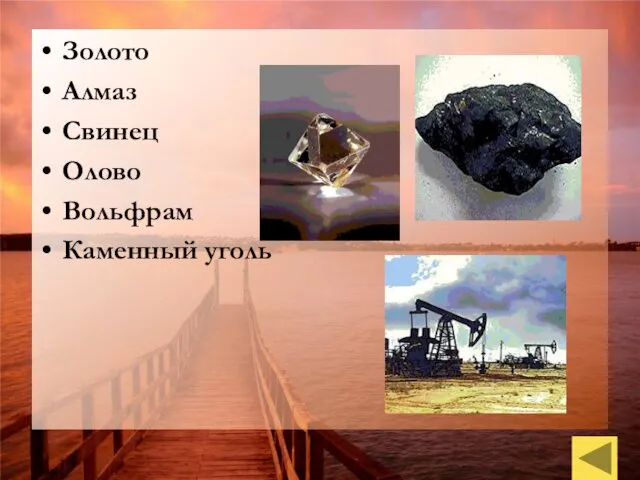 Золото Алмаз Свинец Олово Вольфрам Каменный уголь