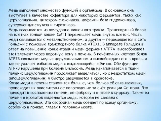 Медь выполняет множество функций в организме. В основном она выступает