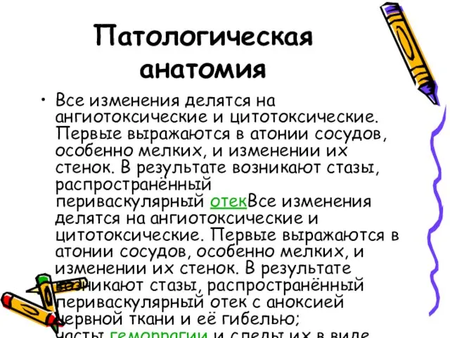 Патологическая анатомия Все изменения делятся на ангиотоксические и цитотоксические. Первые