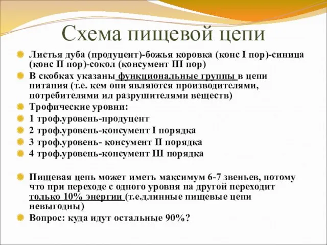 Схема пищевой цепи Листья дуба (продуцент)-божья коровка (конс I пор)-синица