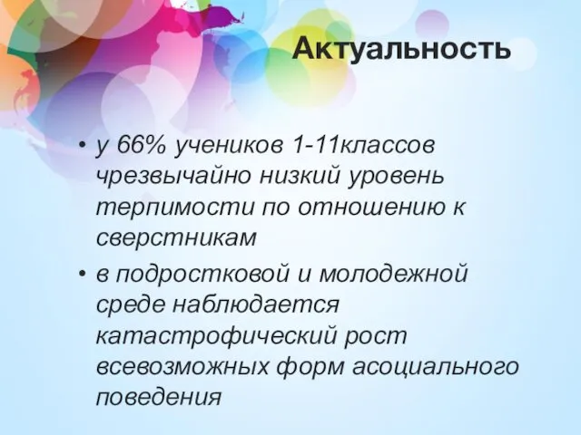 Актуальность у 66% учеников 1-11классов чрезвычайно низкий уровень терпимости по