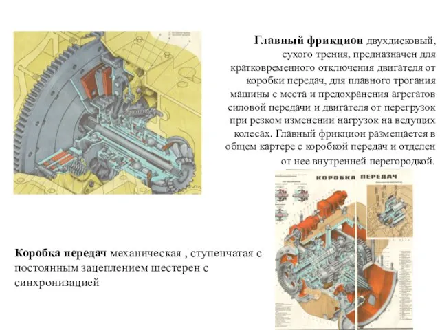 Главный фрикцион двухдисковый, сухого трения, предназначен для кратковременного отключения двигателя