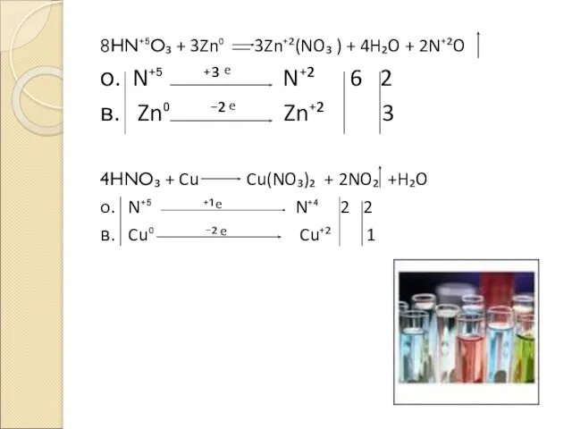 8HN⁺⁵O₃ + 3Zn⁰ 3Zn⁺²(NO₃ ) + 4H₂O + 2N⁺²O о.