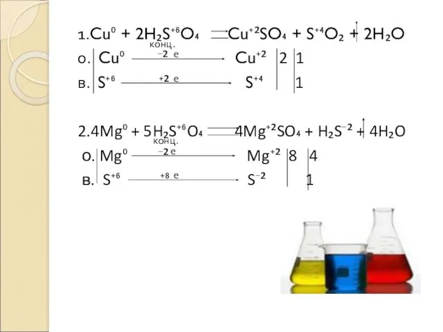 1.Cu⁰ + 2H₂S⁺⁶O₄ Cu⁺²SO₄ + S⁺⁴O₂ + 2H₂O о. Cu⁰