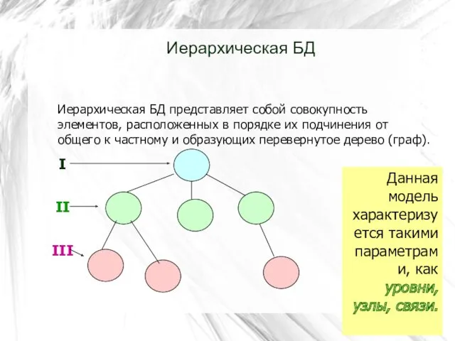 Иерархическая БД Иерархическая БД представляет собой совокупность элементов, расположенных в