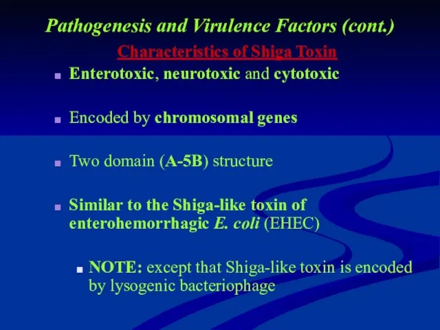 Pathogenesis and Virulence Factors (cont.) Characteristics of Shiga Toxin Enterotoxic,