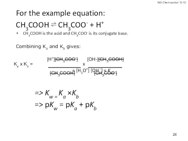 For the example equation: CH3COOH ⇌ CH3COO- + H+ CH3COOH