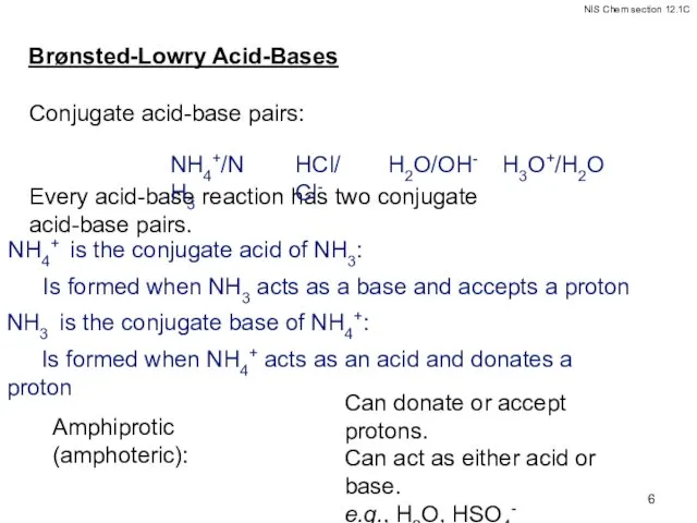 Brønsted-Lowry Acid-Bases Conjugate acid-base pairs: Every acid-base reaction has two