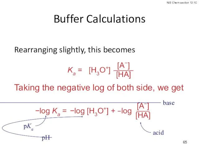 Buffer Calculations Rearranging slightly, this becomes Taking the negative log of both side, we get