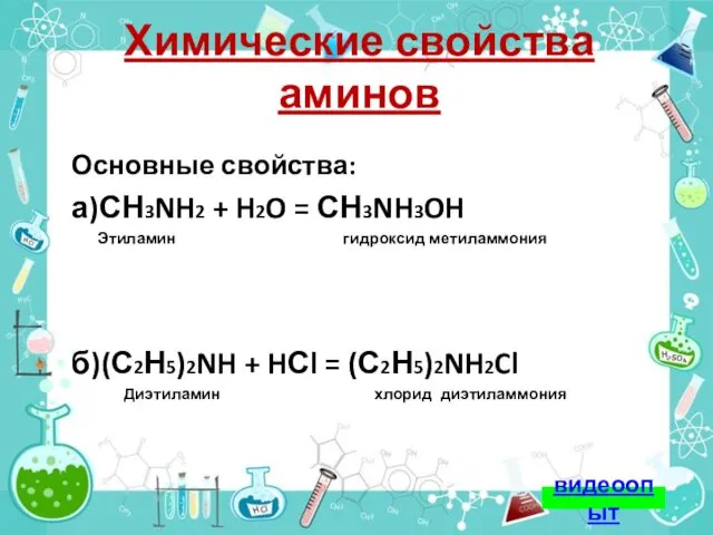 Химические свойства аминов Основные свойства: а)СН3NH2 + H2O = СН3NH3OH