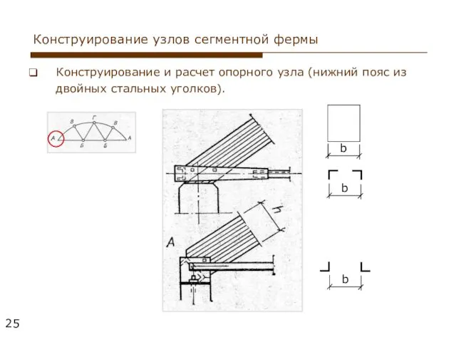 Конструирование узлов сегментной фермы Конструирование и расчет опорного узла (нижний пояс из двойных стальных уголков).