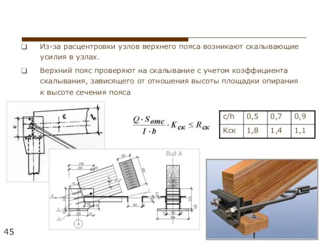 Из-за расцентровки узлов верхнего пояса возникают скалывающие усилия в узлах.