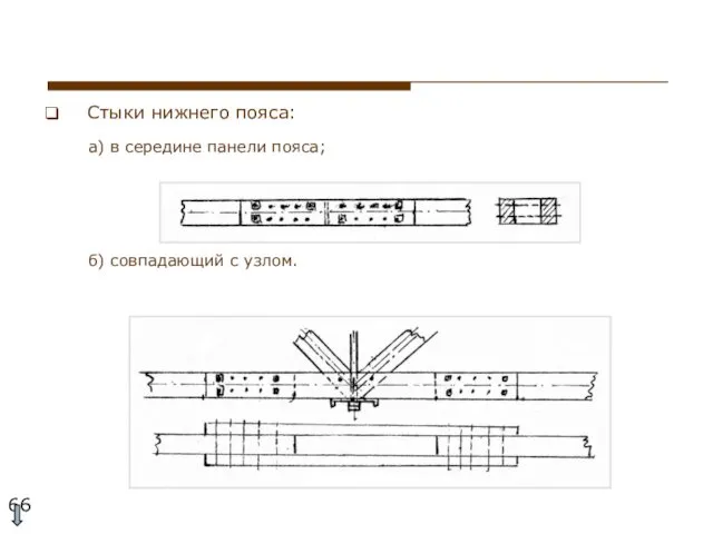 Стыки нижнего пояса: а) в середине панели пояса; б) совпадающий с узлом.