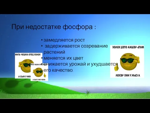 При недостатке фосфора : замедляется рост задерживается созревание растений меняется