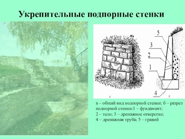 Укрепительные подпорные стенки а – общий вид подпорной стенки; б