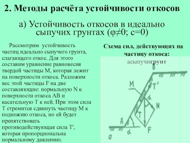 2. Методы расчёта устойчивости откосов а) Устойчивость откосов в идеально