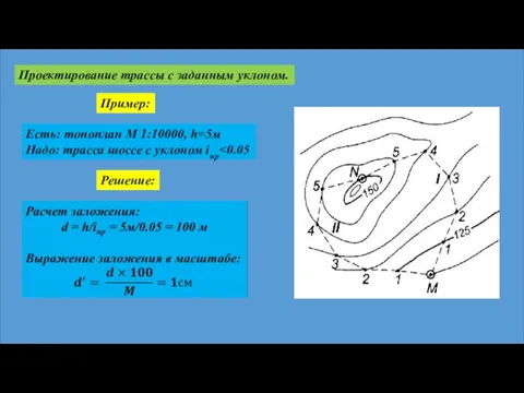 Проектирование трассы с заданным уклоном. Пример: Есть: топоплан М 1:10000,