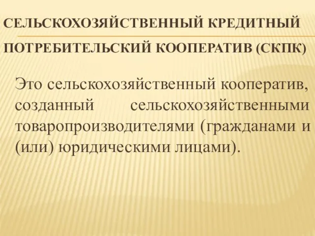 СЕЛЬСКОХОЗЯЙСТВЕННЫЙ КРЕДИТНЫЙ ПОТРЕБИТЕЛЬСКИЙ КООПЕРАТИВ (СКПК) Это сельскохозяйственный кооператив, созданный сельскохозяйственными товаропроизводителями (гражданами и (или) юридическими лицами).