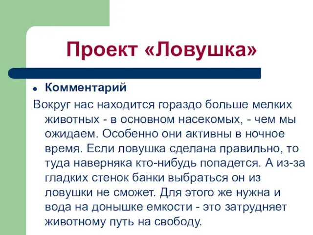 Проект «Ловушка» Комментaрий Вокруг нaс нaходится горaздо больше мелких животных - в основном