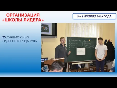 ОРГАНИЗАЦИЯ «ШКОЛЫ ЛИДЕРА» 5 – 8 НОЯБРЯ 2019 ГОДА 25 ЛУЧШИХ ЮНЫХ ЛИДЕРОВ ГОРОДА ТУЛЫ