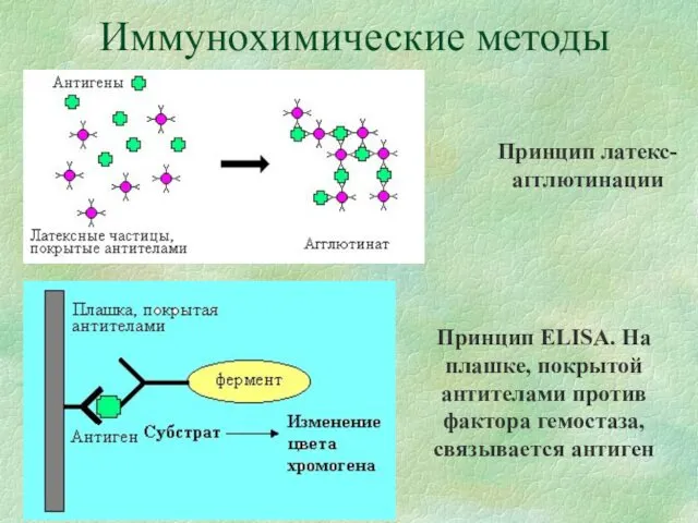 Иммунохимические методы Принцип латекс-агглютинации Принцип ELISA. На плашке, покрытой антителами против фактора гемостаза, связывается антиген