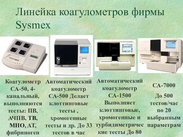 Линейка коагулометров фирмы Sysmex Коагулометр СА-50, 4-канальный, выполняются тесты: ПВ,