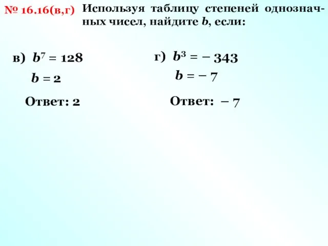 № 16.16(в,г) Используя таблицу степеней однознач-ных чисел, найдите b, если: