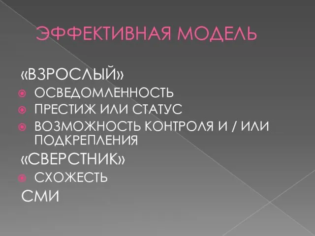 ЭФФЕКТИВНАЯ МОДЕЛЬ «ВЗРОСЛЫЙ» ОСВЕДОМЛЕННОСТЬ ПРЕСТИЖ ИЛИ СТАТУС ВОЗМОЖНОСТЬ КОНТРОЛЯ И / ИЛИ ПОДКРЕПЛЕНИЯ «СВЕРСТНИК» СХОЖЕСТЬ СМИ